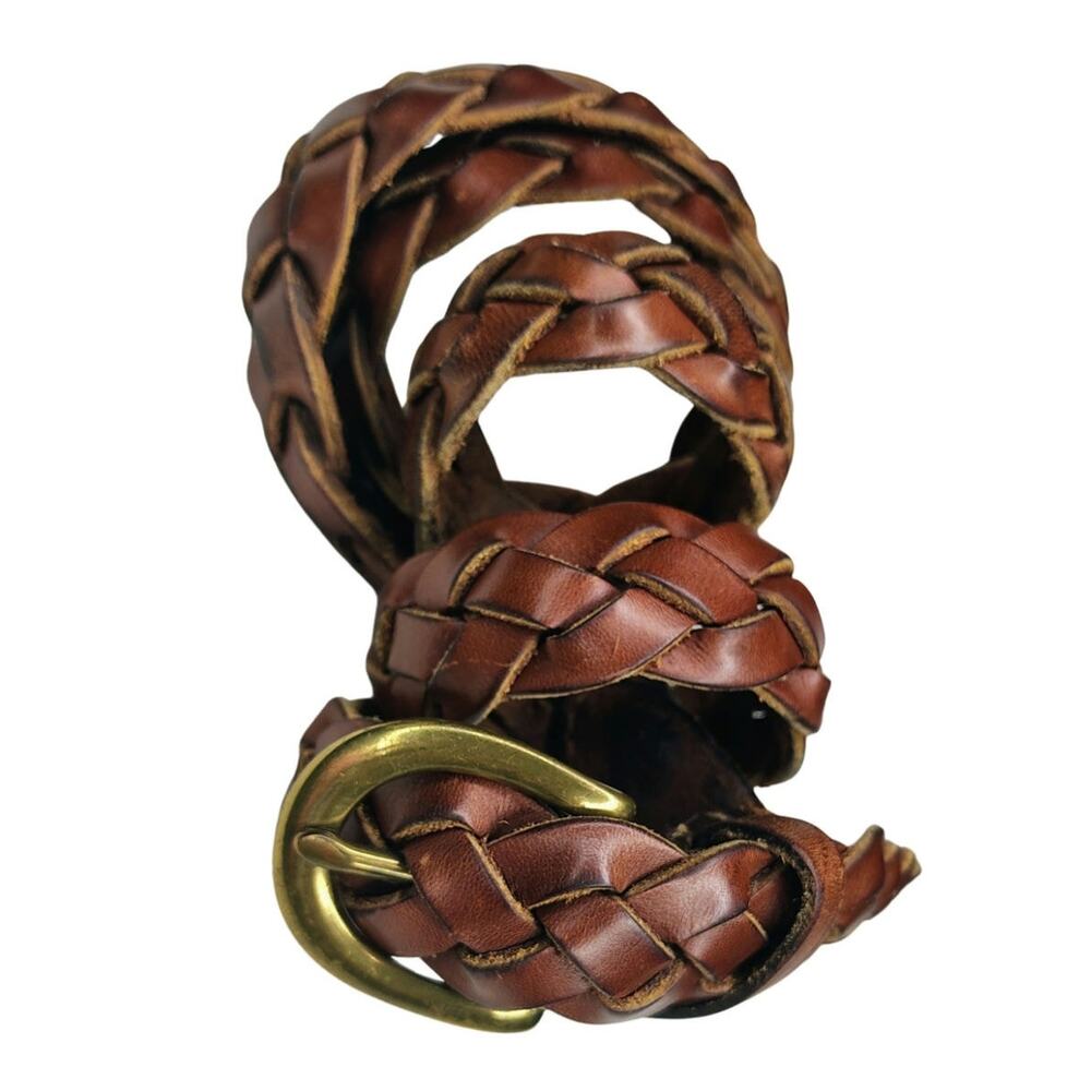 1990s Brown Braided Belt Brass Buckle  Open Size Up To 46 Inch Fair Condition